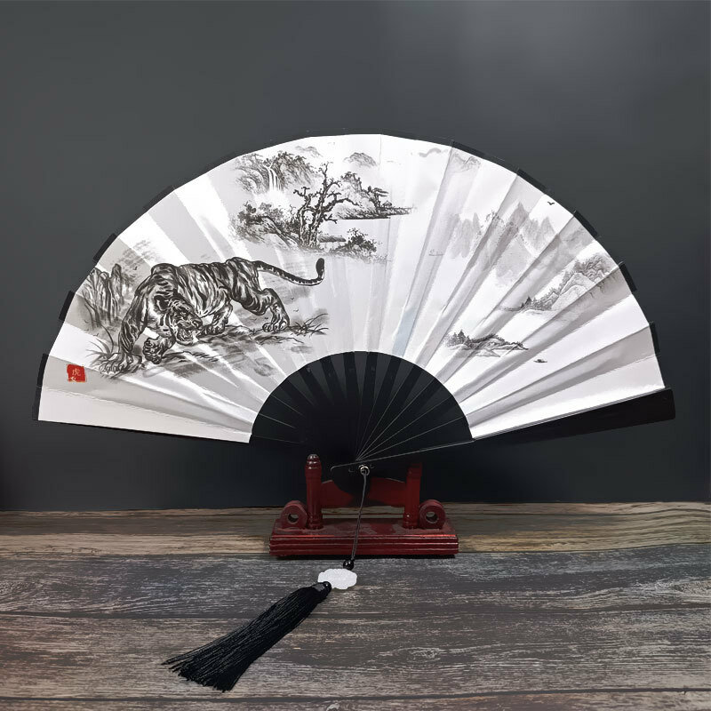 8-дюймовый традиционный китайский веер с пластиковым ручкой и бахромой - Стиль 11