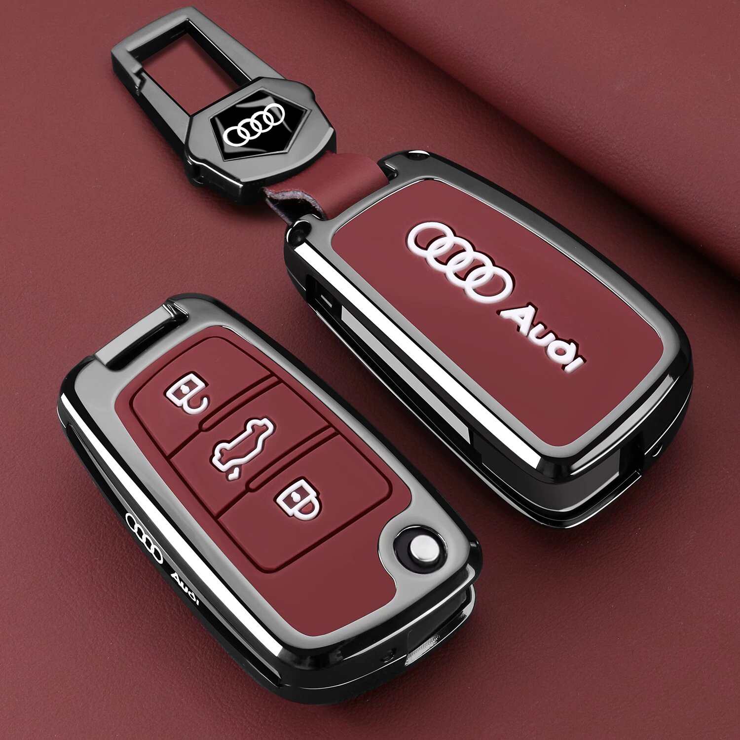 Чехол для ключей Audi Q3 с кожаным ремешком, вулканический красный цвет, стиль D для моделей 2025 года