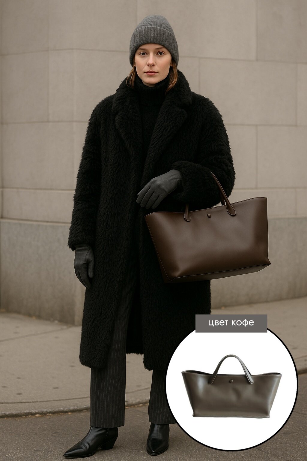 Сумка тоут , фактура матовая, гладкая, кофейный — фото 1