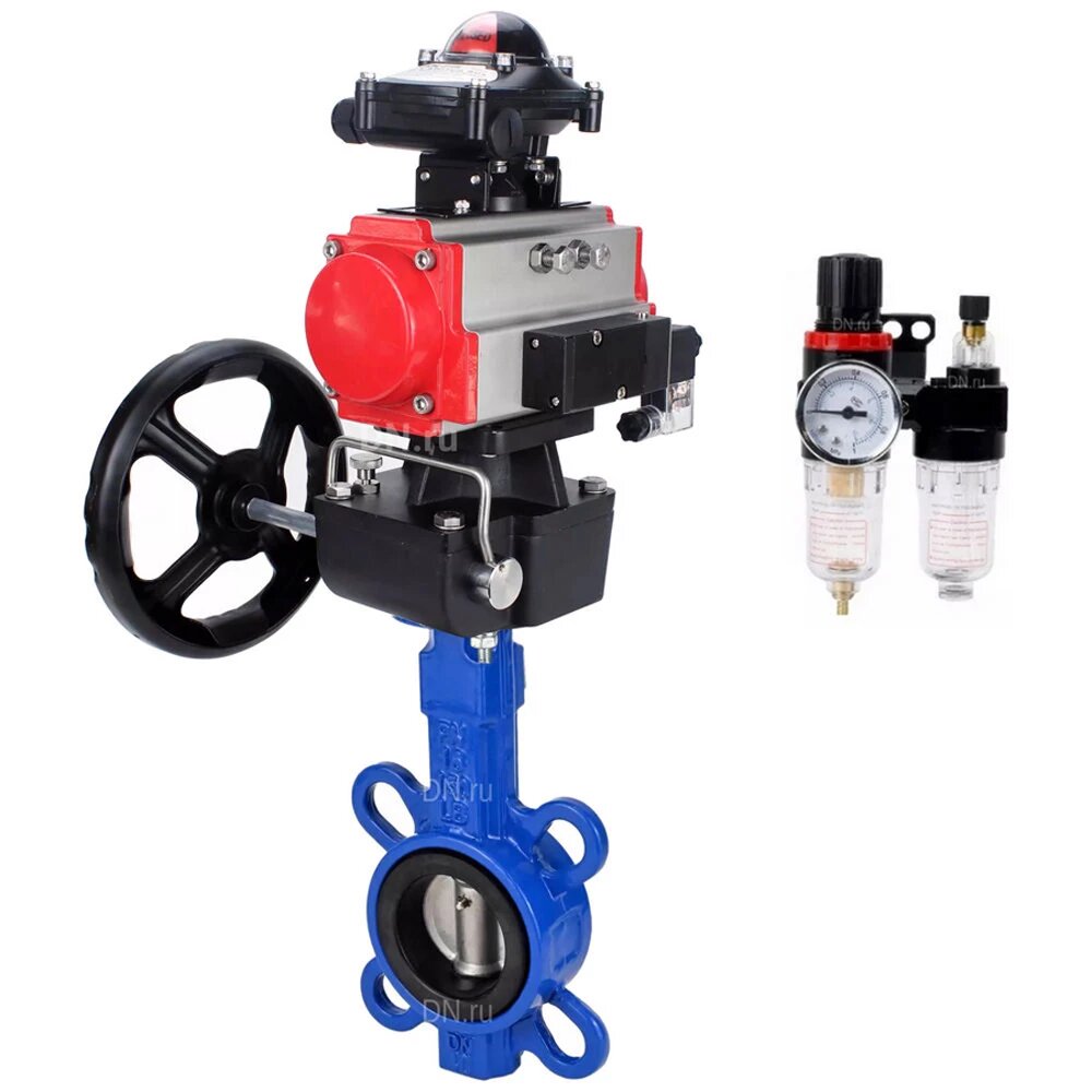 Затвор дисковый поворотный DN.ru GG25-316L-NBR Ду150 Ру16, межфланцевый, корпус - чугун GG25, уплотнение - NBR, с пневмоприводом DA-105, с пневмораспределителем PND1-S2EM-52-2-T10-220VAC, БКВ LSB-410-02ExM12-250, ручным дублером HDM-3, БПВ APU1-10-40-V08