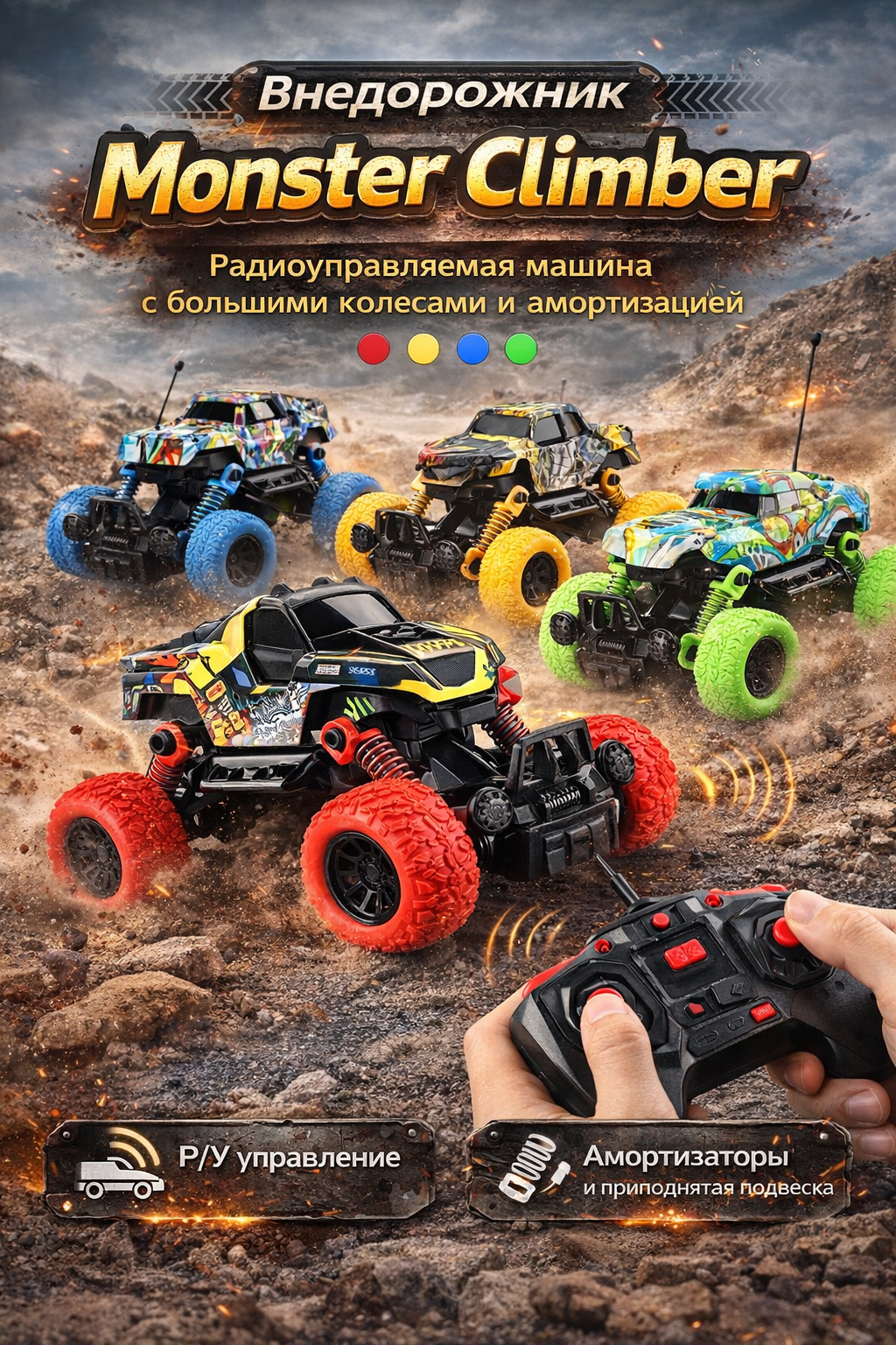 Monster Climber yo‘ltanlamasi — inertsiya mexanizmli, katta g‘ildirakli va amortizatsiyali o‘yinchoq mashina