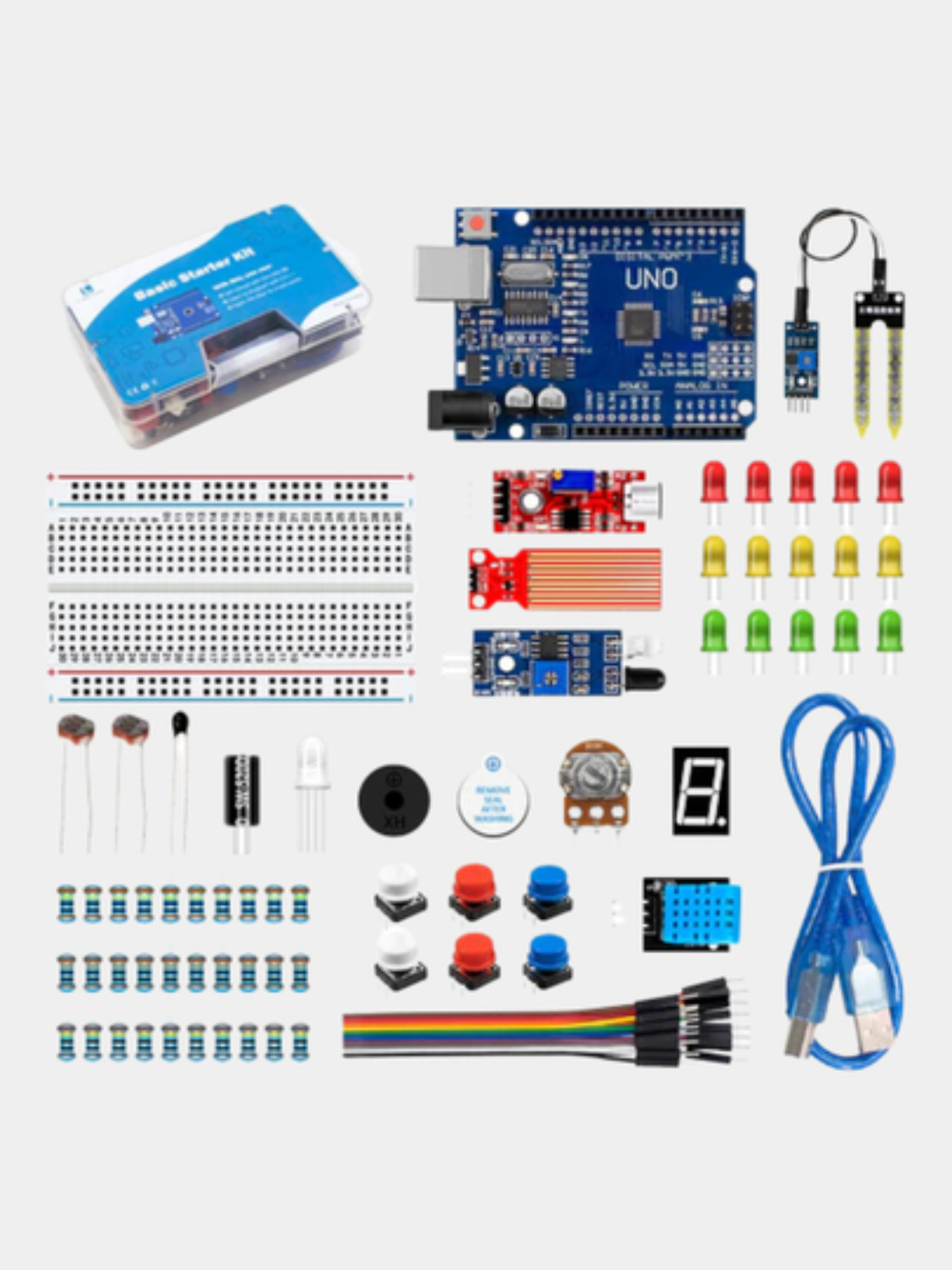 Набор Starter Kit для Arduino Uno R3: диоды, датчики, плата, USB и другие компоненты DIY