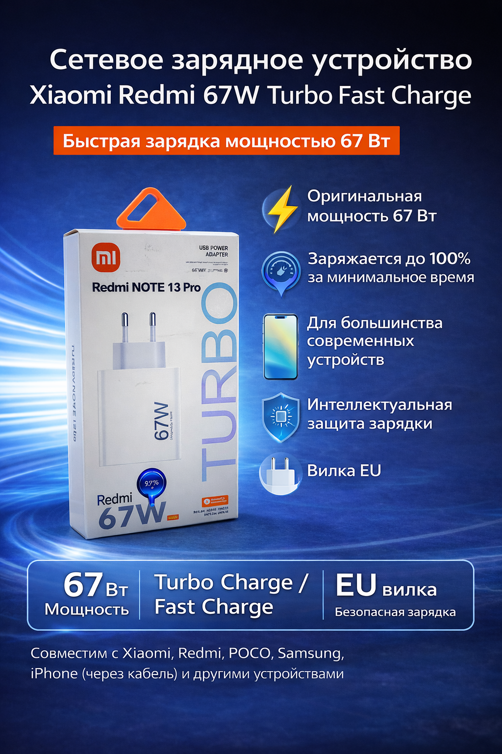 Сетевое зарядное устройство Xiaomi Turbo Fast Charge 67 W, с кабелем Type-C