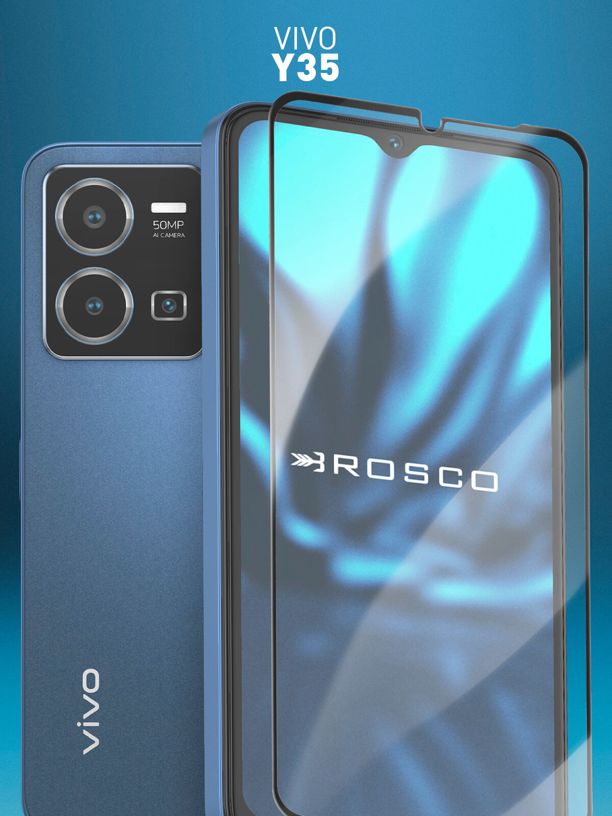 Защитное стекло Rosco на Vivo Y35 (Виво У35), с чёрной рамкой, 1 шт