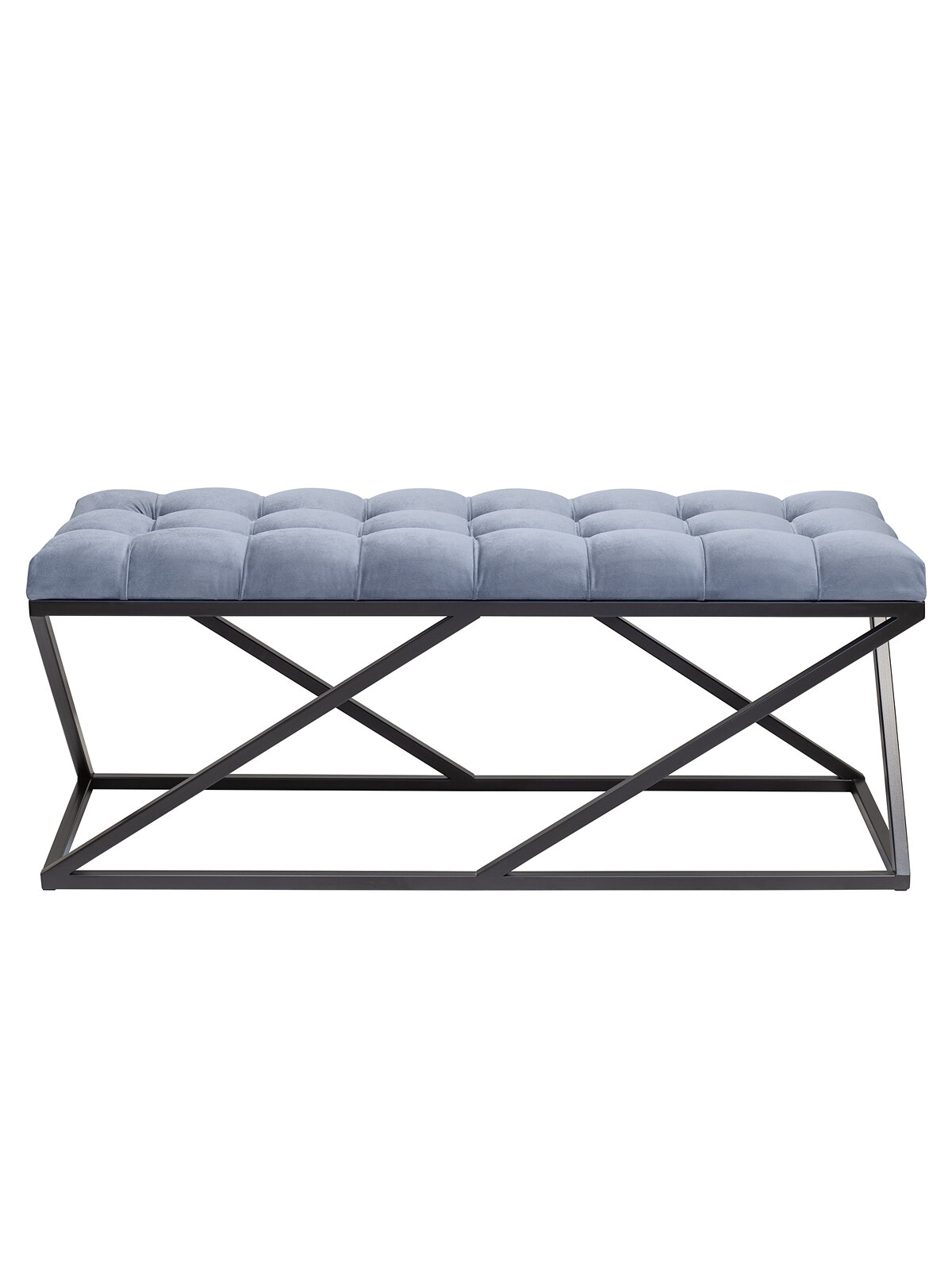 Банкетка в прихожую, спальню GREENWEEN ZUMA, черный каркас, сидение велюр цвет Light Blue, каретная стяжка, 1100х400х450