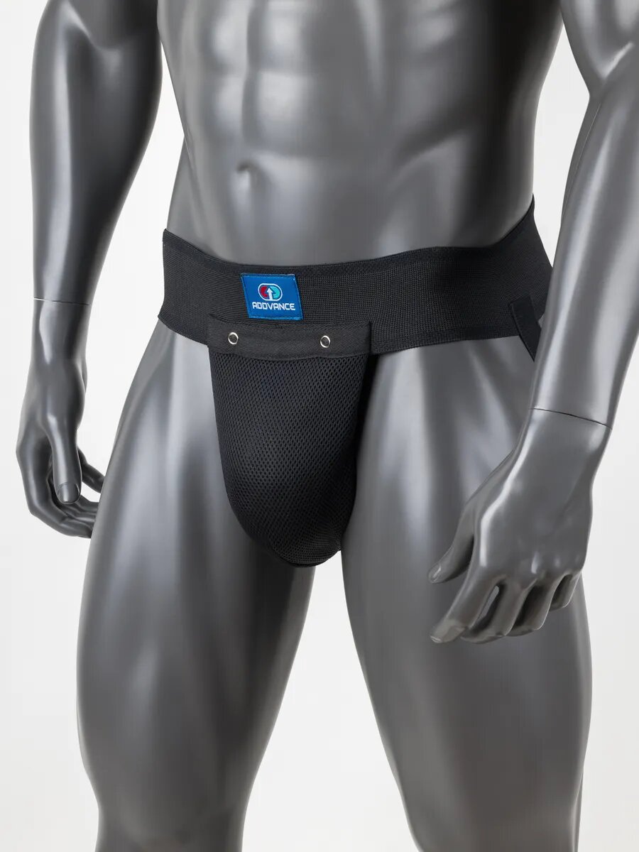 Защита паха ADDVANCE с усиленной пластиковой чашей (мужской бандаж, ракушка для единоборств) черная размер M (26)