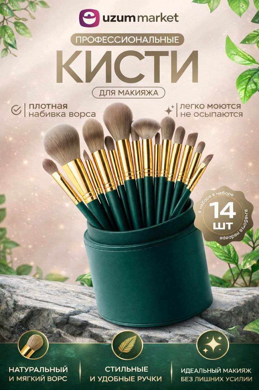 Набор кистей для макияжа "Глаза, губы, лицо", 14 штук, зеленый — фото 1