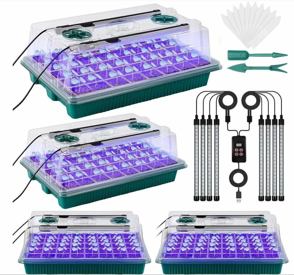 Минипарник для рассады с освещением и вентиляцией (4 лотка по 40 ячеек в каждом + 8 ламп)