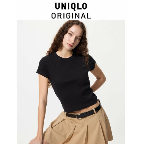 фото Футболка uniqlo ribbed mini t-shirt, 1 шт., размер m, черный