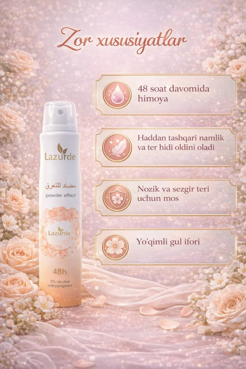 Женский дезодорант Lazurde: 48-часовая защита, безалкогольная формула, полезные для кожи свойства.