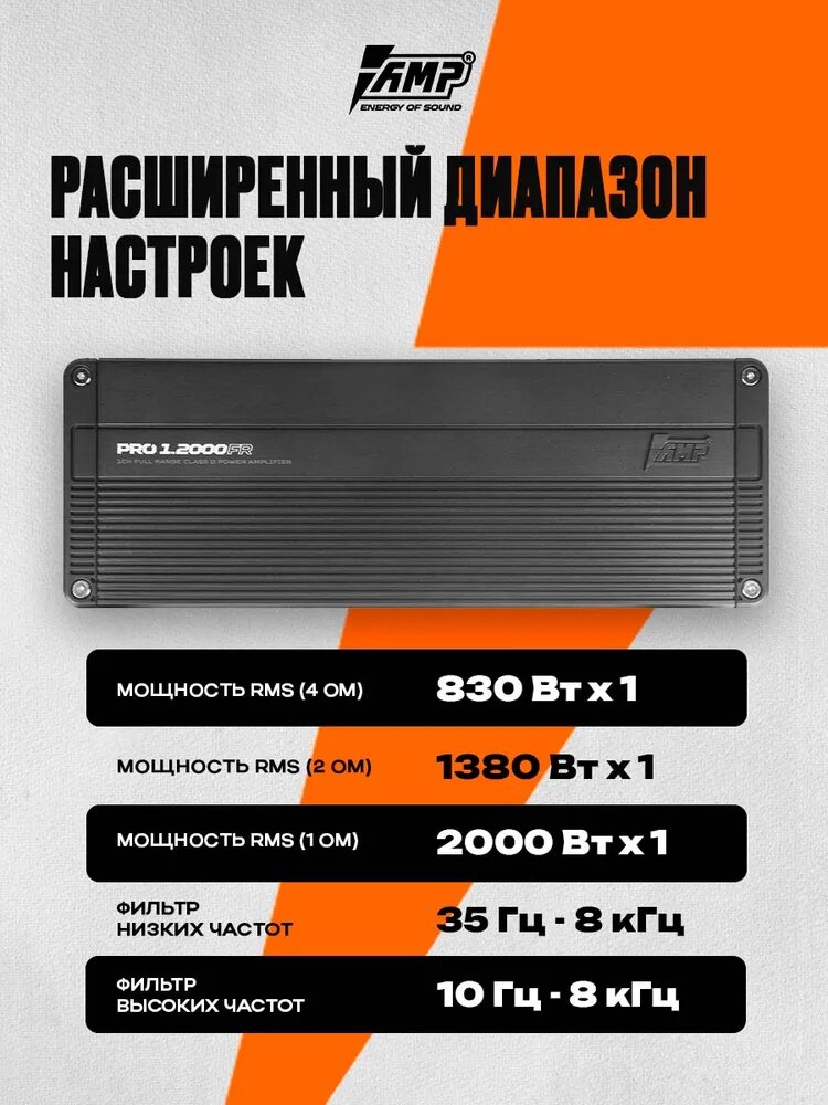 Усилитель 1 канальный AMP PRO 1.2000FR 2000вт 1ом для сабвуфера и динамиков — фото 1