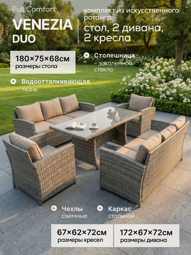 Изображение товара Садовая мебель Full Comfort - VENEZIA-DUO из искусственного ротанга бежевый (стол, 2 трехместных дивана, 2 кресла)
