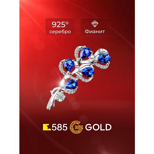 фото Брошь 585gold, серебро, 925 проба, родирование, фианит, , синий
