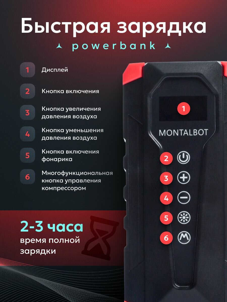 Пуско-зарядное устройство "MONTALBOT", с компрессором и фонарём, черный — фото 1