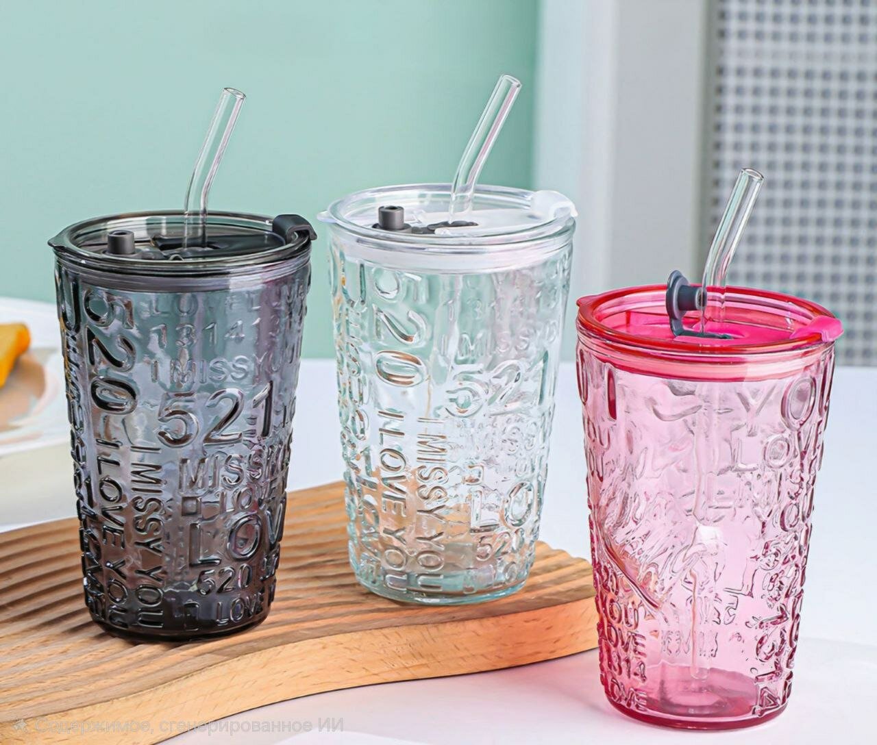 Стеклянный стакан с трубочкой I LOVE 520/521, бокал из стекла, 3 цвета
