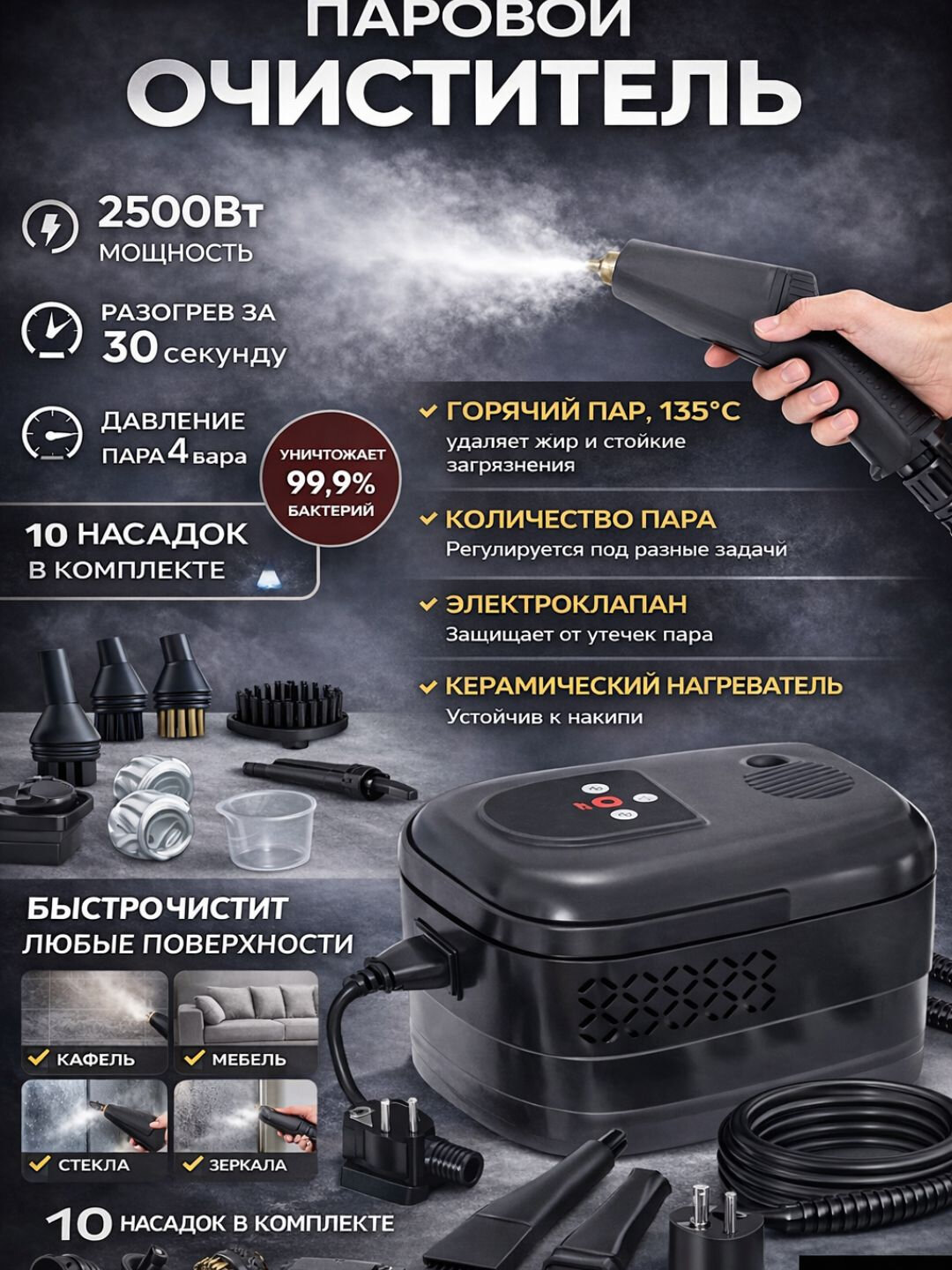 Мощный пароочиститель для дома - Черный