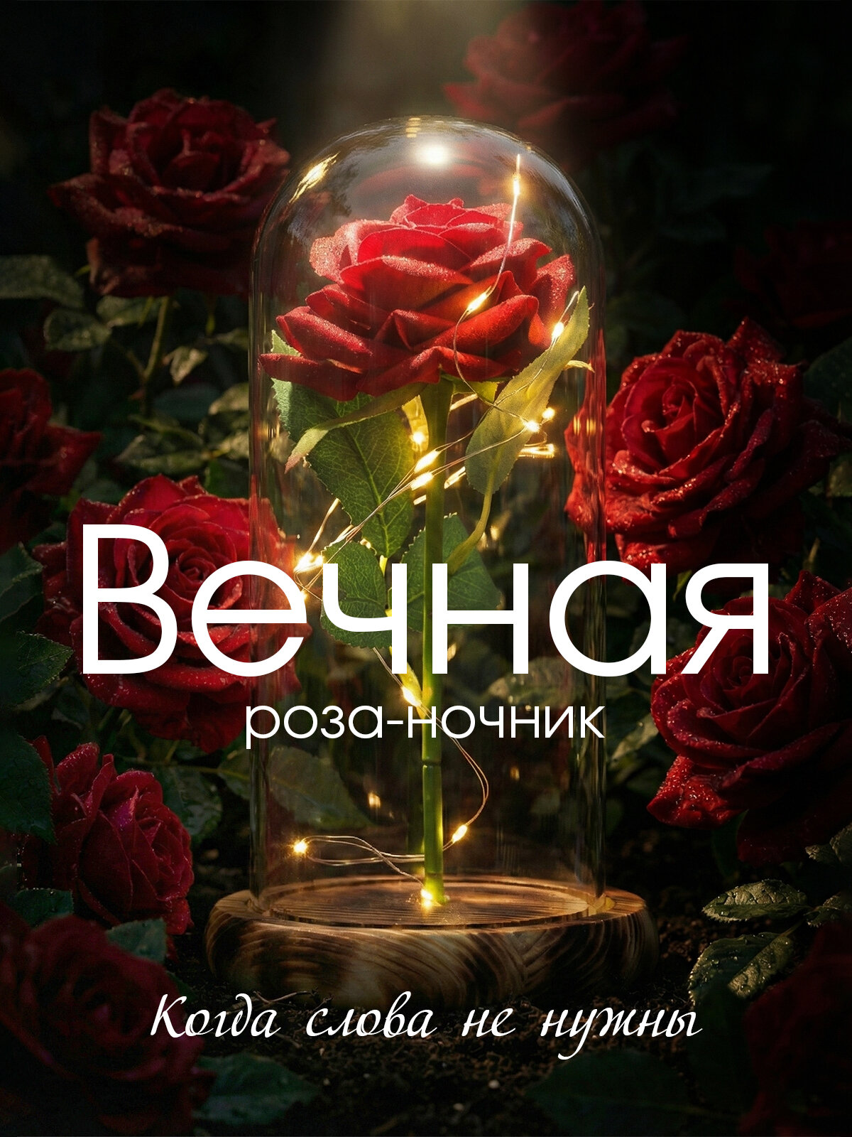 Декоративный светильник illumetik "Роза в колбе", с подсветкой. Вечная роза