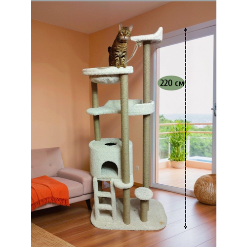 фото Игровой комплекс для кошек, моя котя, с большим гамаком, "небоскреб", белый ковролин и джут