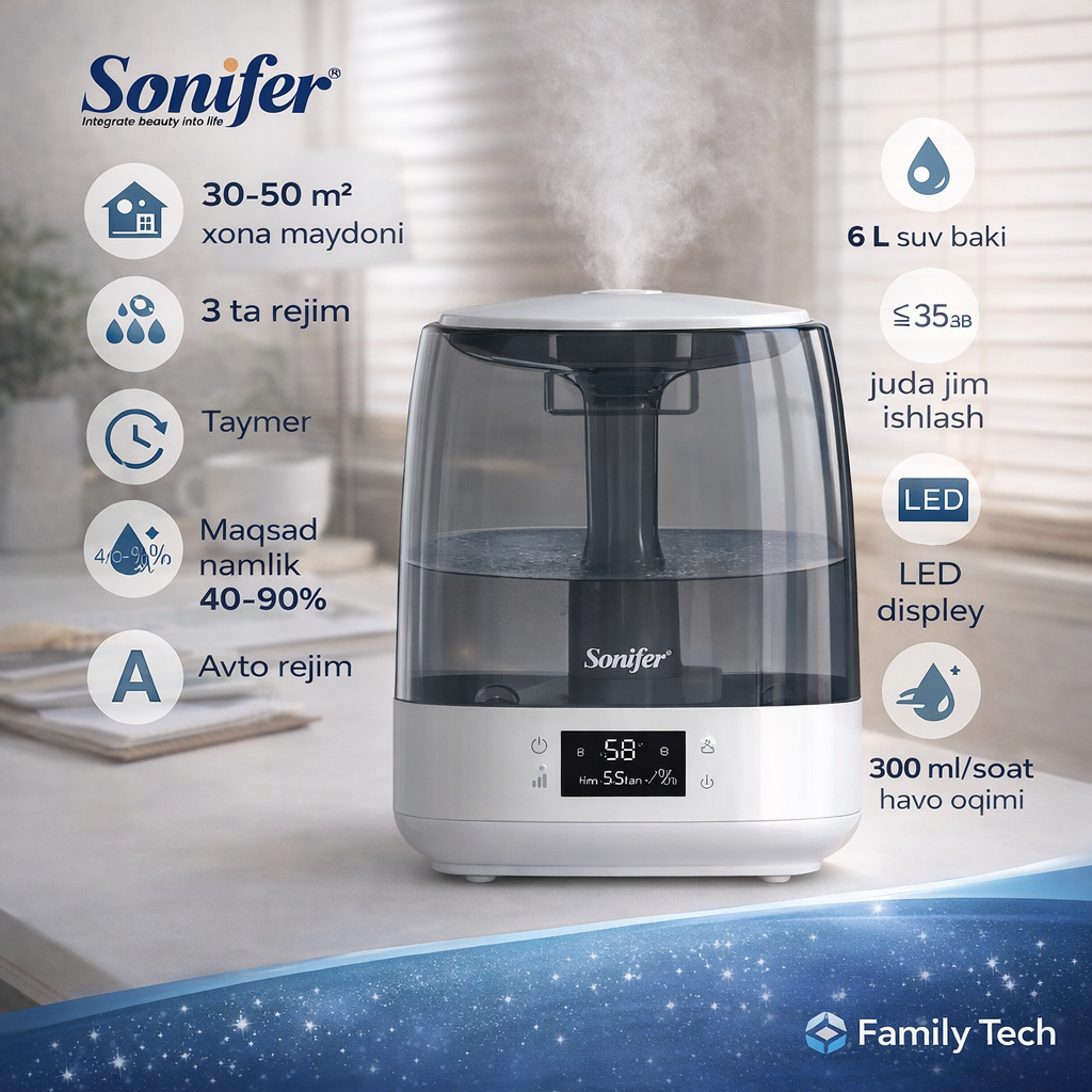 Увлажнитель воздуха Sonifer SF-6531, ультразвуковой, большой бак 6 л, цифровой дисплей, 20 ч работы