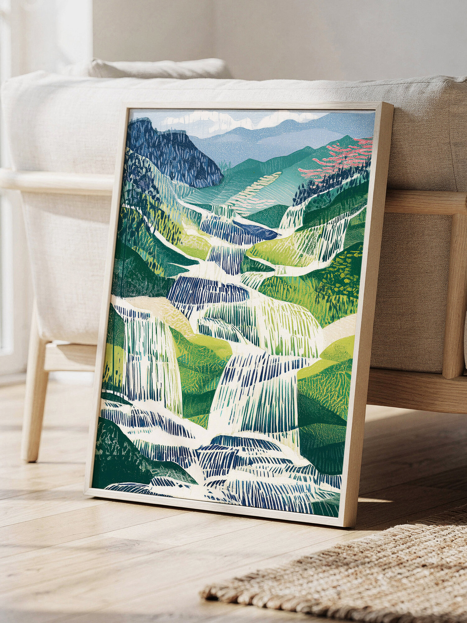 Картина Postermarket в светлой раме "Водопад" на холсте с подрамником в раме 50х70 см.