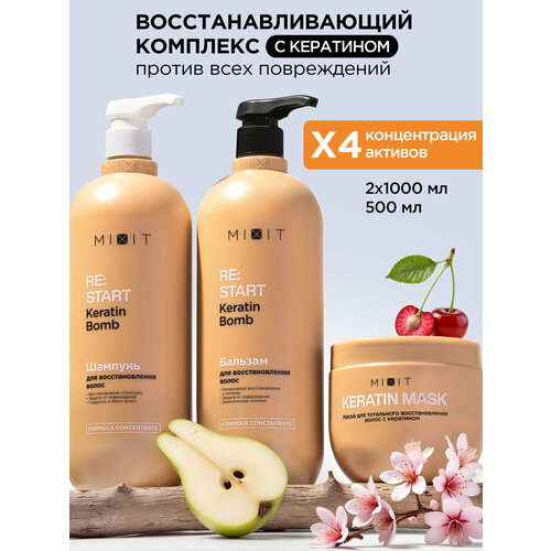 MIXIT Маска для волос, шампунь и бальзам для объема и блеска с кератином RESTART, 2500 мл