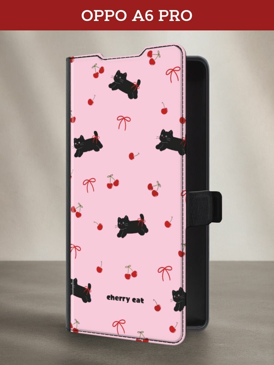 Чехол-книжка на Oppo A6 Pro / Оппо A6 Про с принтом Cherry cat, черный