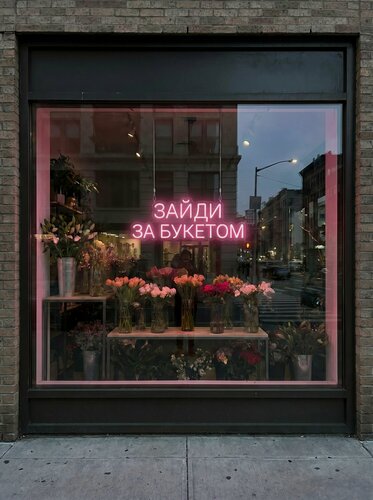 Изображение товара Неоновая вывеска "зайди за букетом" 90х35см, неоновая надпись, LED светильник для цветочного магазина