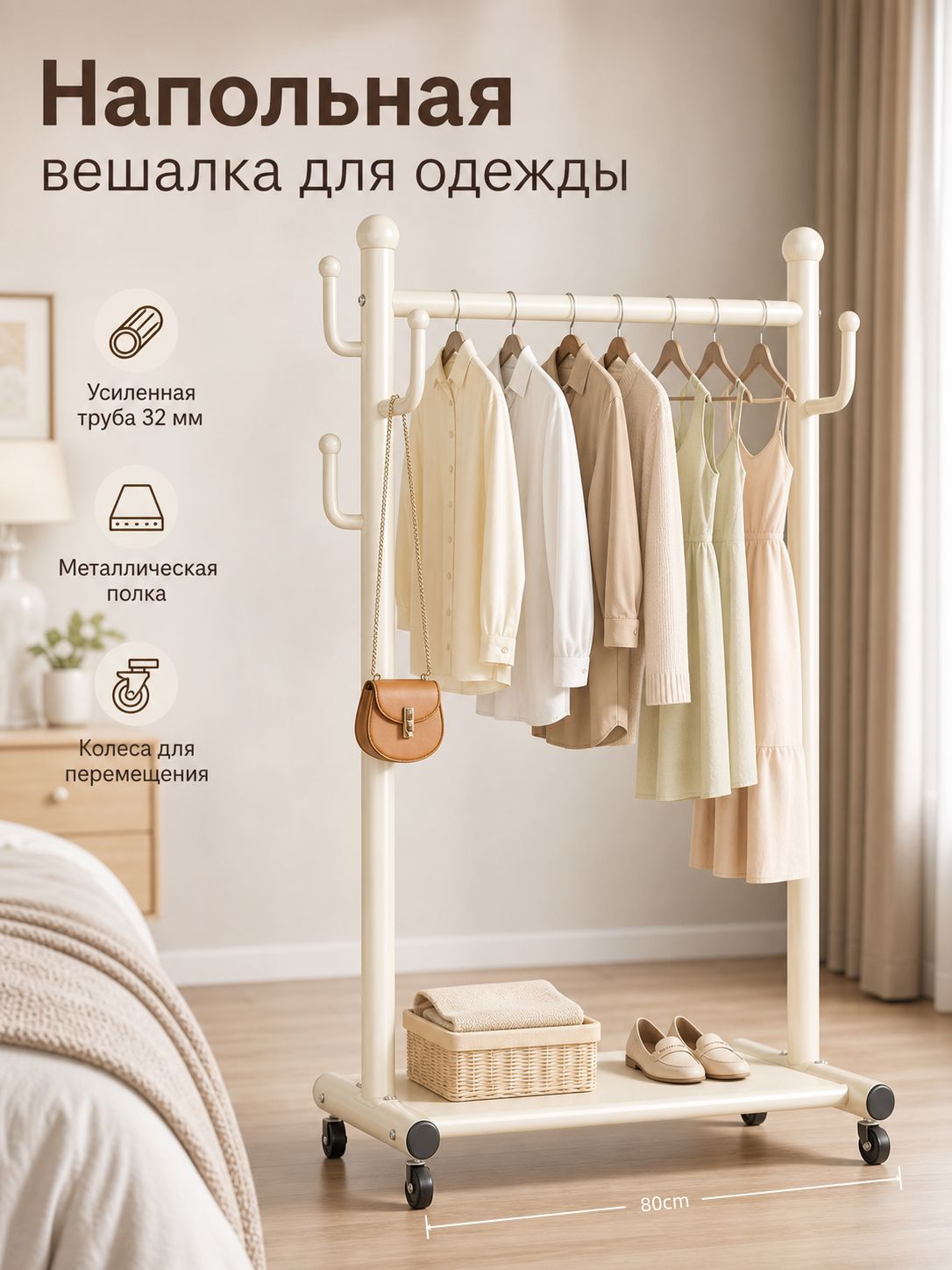 Напольная вешалка для одежды с полкой и колёсами, 80 см, кремово-белый