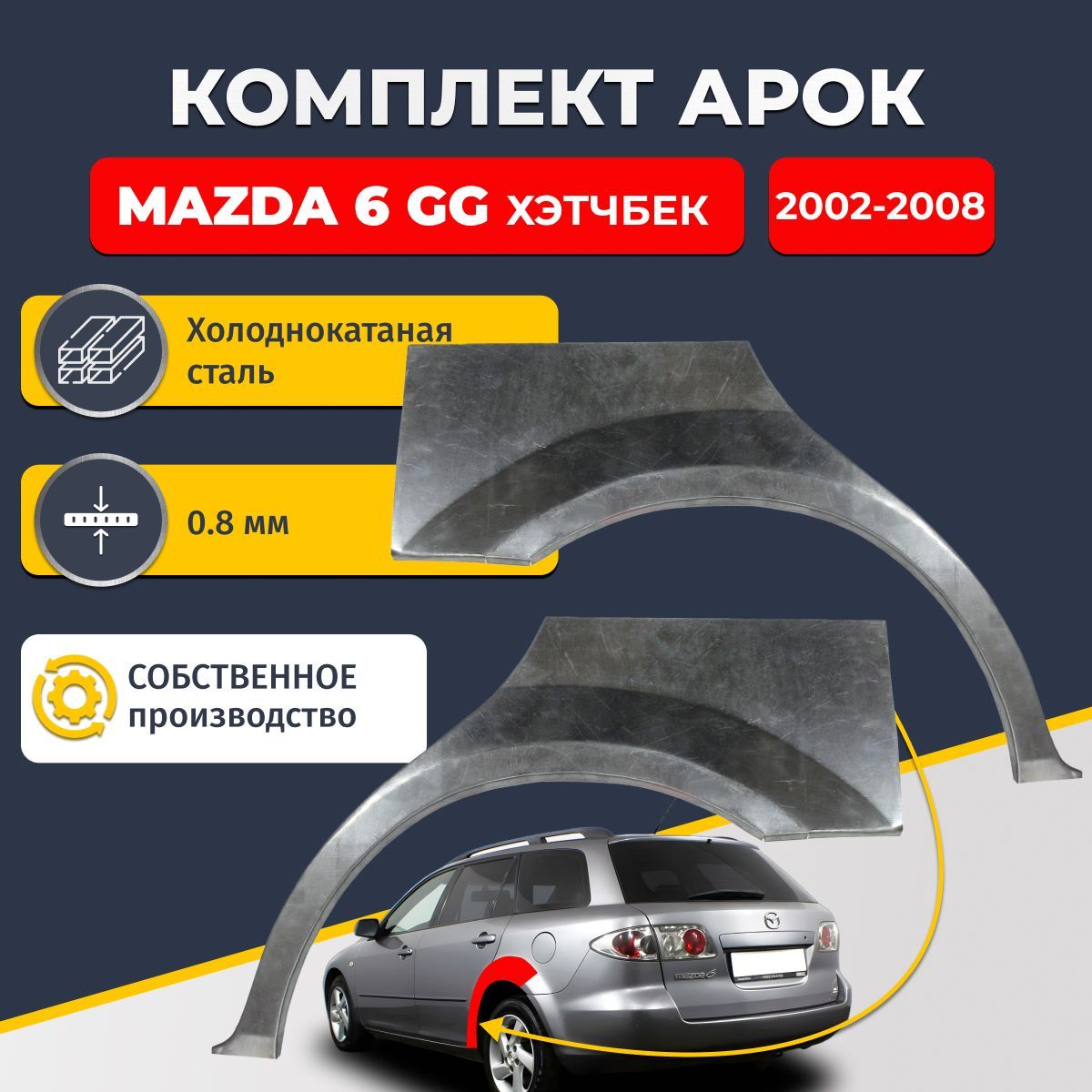 Комплект задних ремонтных арок для автомобиля (2 шт.), Mazda 6 GG 2002-2008 хэтчбек 5 дверей (Мазда 6 ГГ, Мазда 6 Джи Джи). Холоднокатаная сталь 0,8мм.