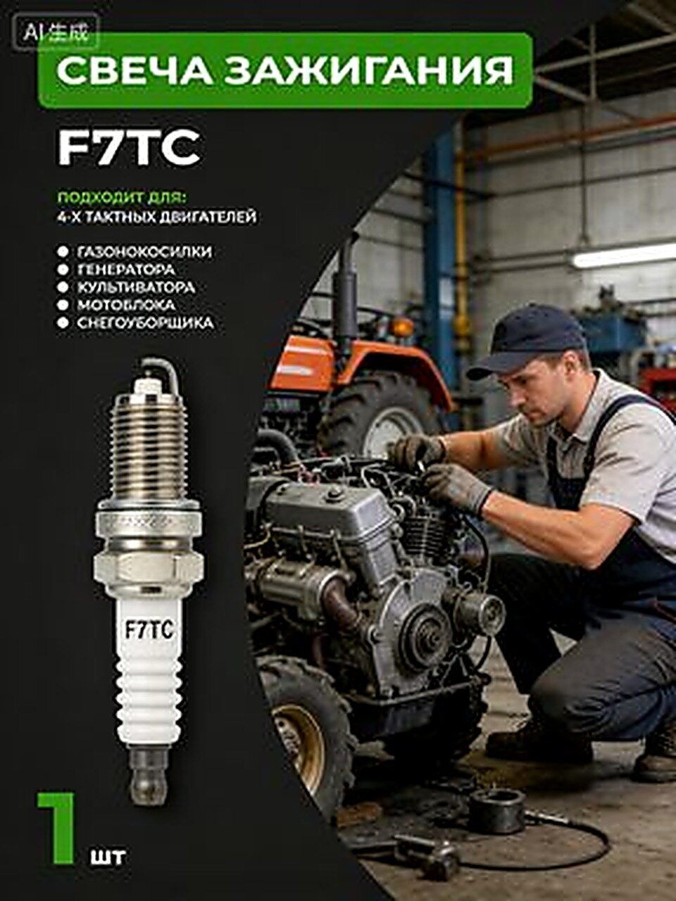 Искровые свечи зажигания F7TC, 1 шт; Универсальные свечи для мотоблока и бензогенератора; Комплект для культиватора и мотокультиватора