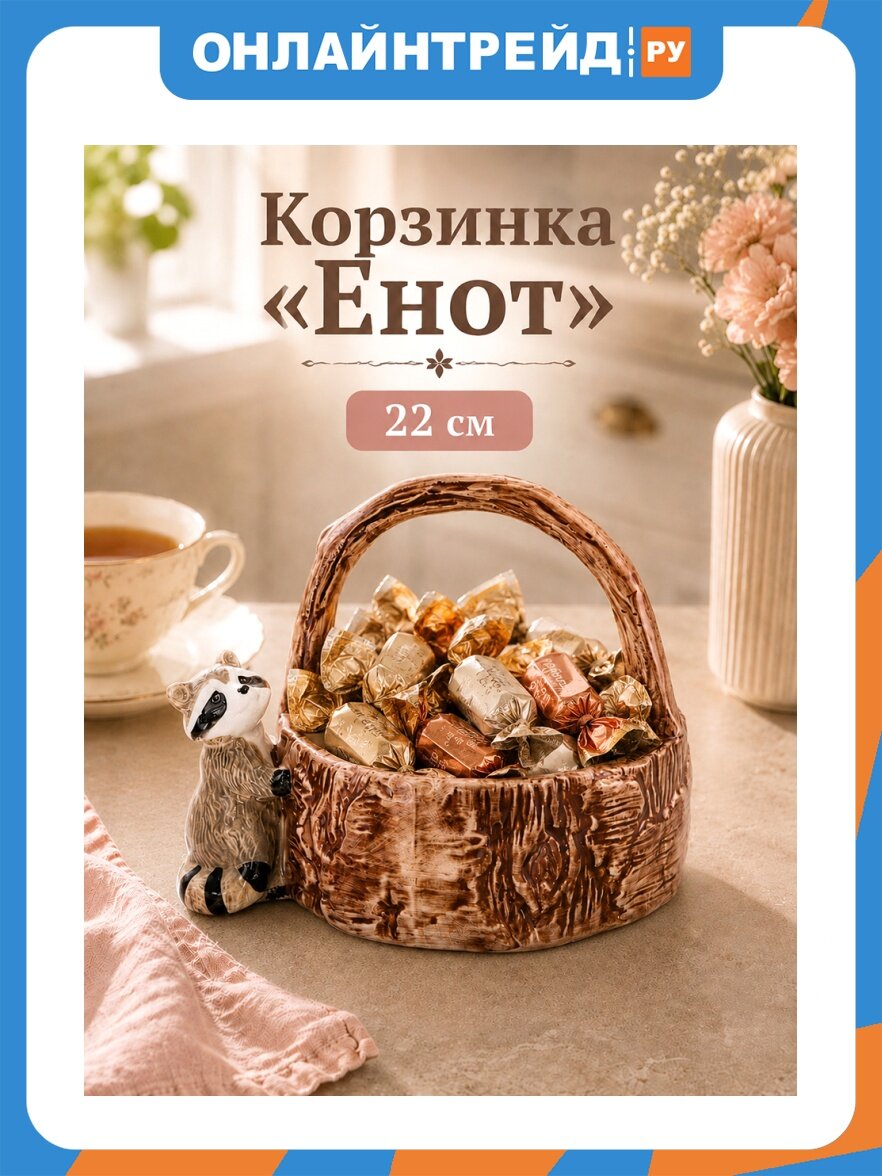 Elan Gallery Корзинка для конфет 1 л 22*18*17 см "Еноты", высота без ручки 7 см, рассстояние между ручкой и бортиком 9 см, керамика 340145