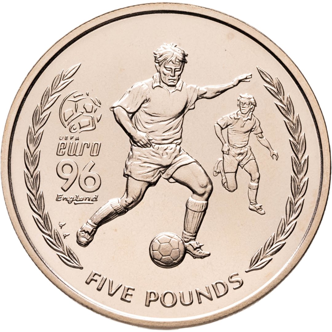 Остров Мэн 5 фунтов pounds 1996 "Чемпионат Европы по футболу 1996, Англия", Мельхиор медь-никель, в сохранности BUNC