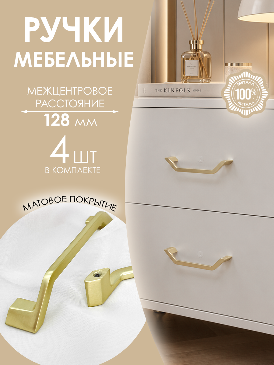 Мебельные ручки геометрические дизайнерские золотые на шкаф кухни, 128 мм 4 шт.