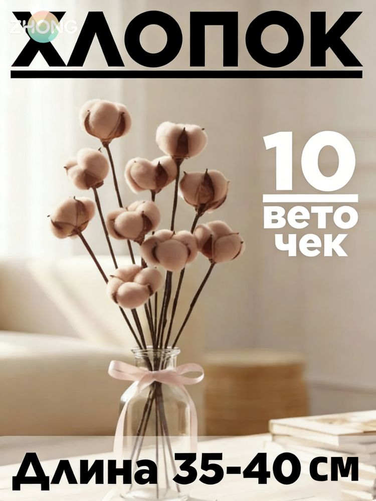 Сухоцветы Хлопок 36 см 10 шт светло-розовый