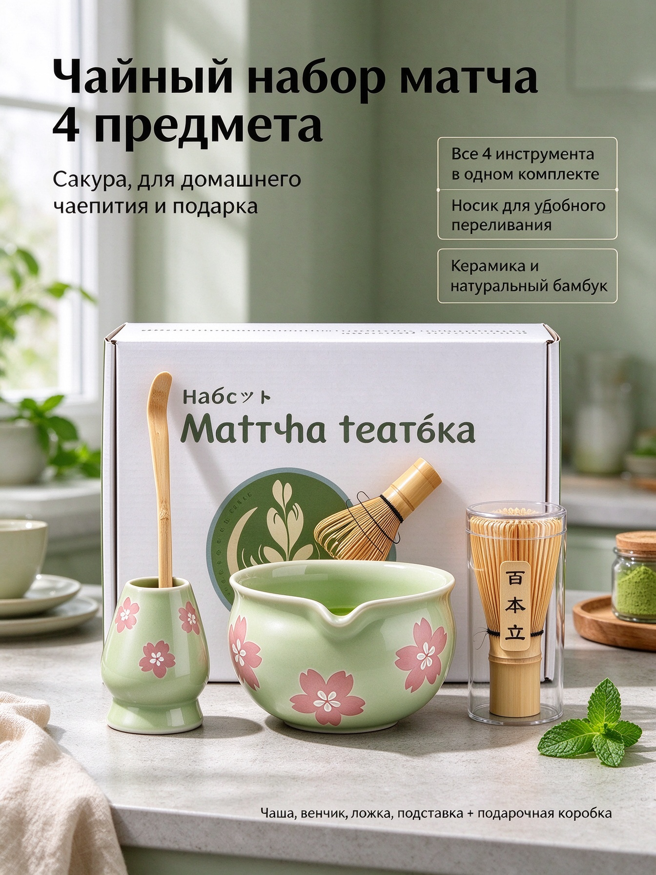 Набор для матча Чаша для матча с носиком Мульти, Чаша для чая матча с цветочным узором во рту