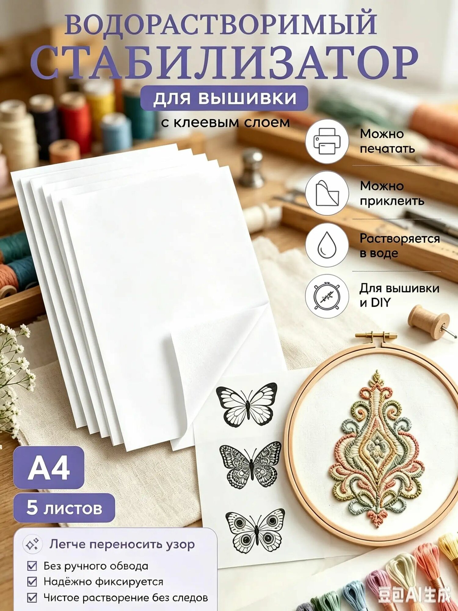 Водорастворимый флизелин для вышивки А4 5 листов
