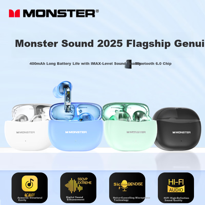 Monster W33 Истинно беспроводные наушники с шумоподавлением для спорта, игр и звонков Цвет：Белый
