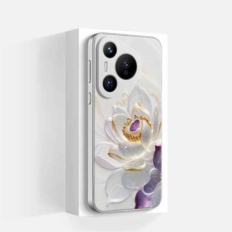 Силиконовый чехол для Huawei Pura 70 с бело-фиолетовым узором лотоса, тонкий полный покрытие защита