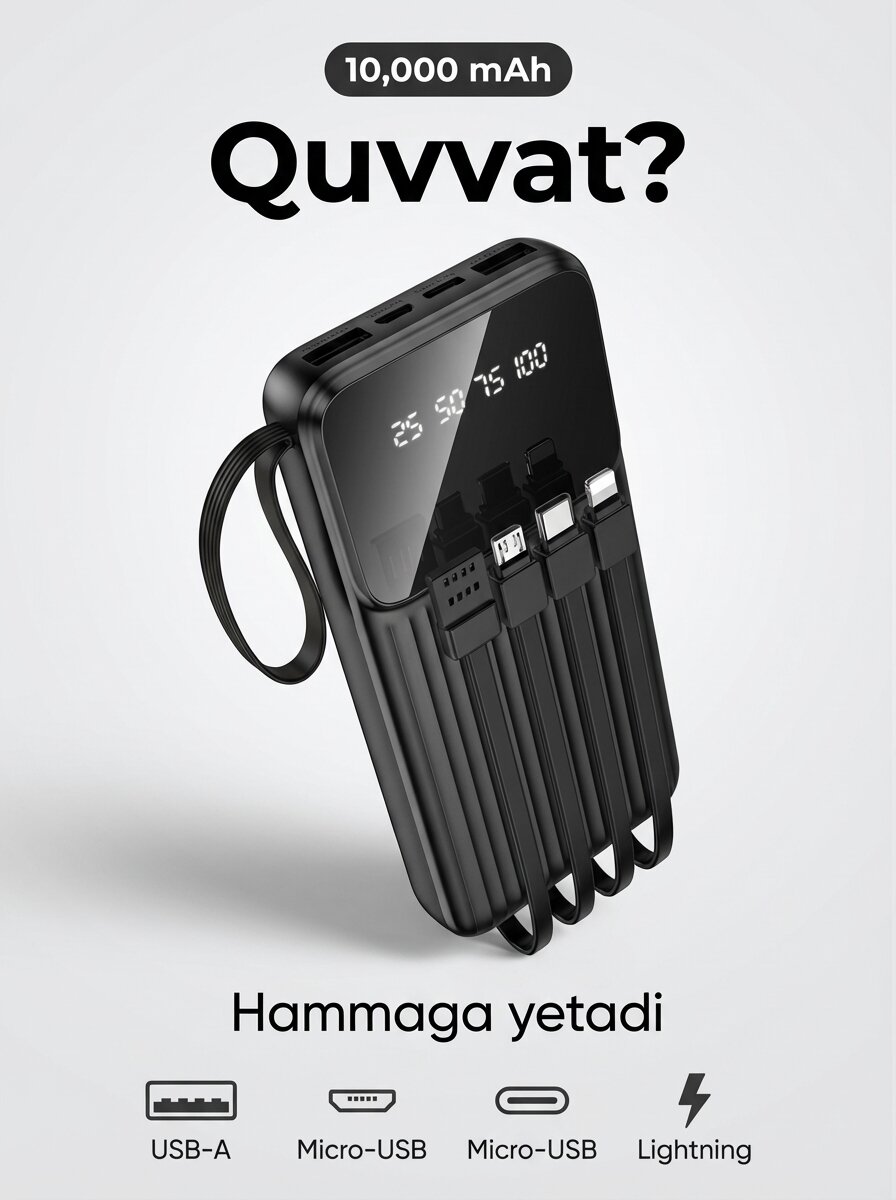 Универсальный повербанк 10000 mAh с кабелями 4в1 для iPhone и Android.