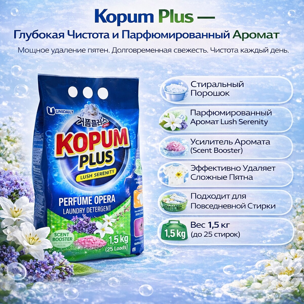 Стиральный порошок Kopum Plus, 1,5 кг, бергамот, для машинной стирки