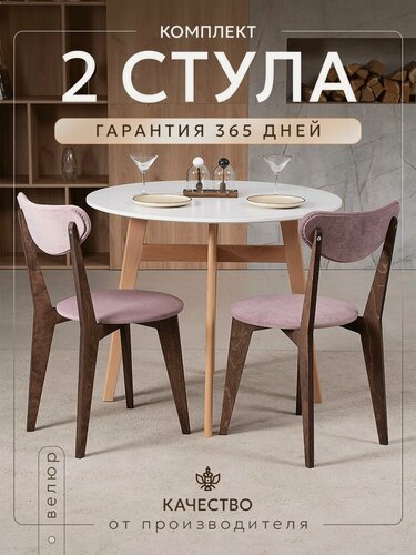 Изображение товара Стулья для кухни, комплект 2шт, велюр, дерево/фанера, антивандальные, мягкие, Розовый