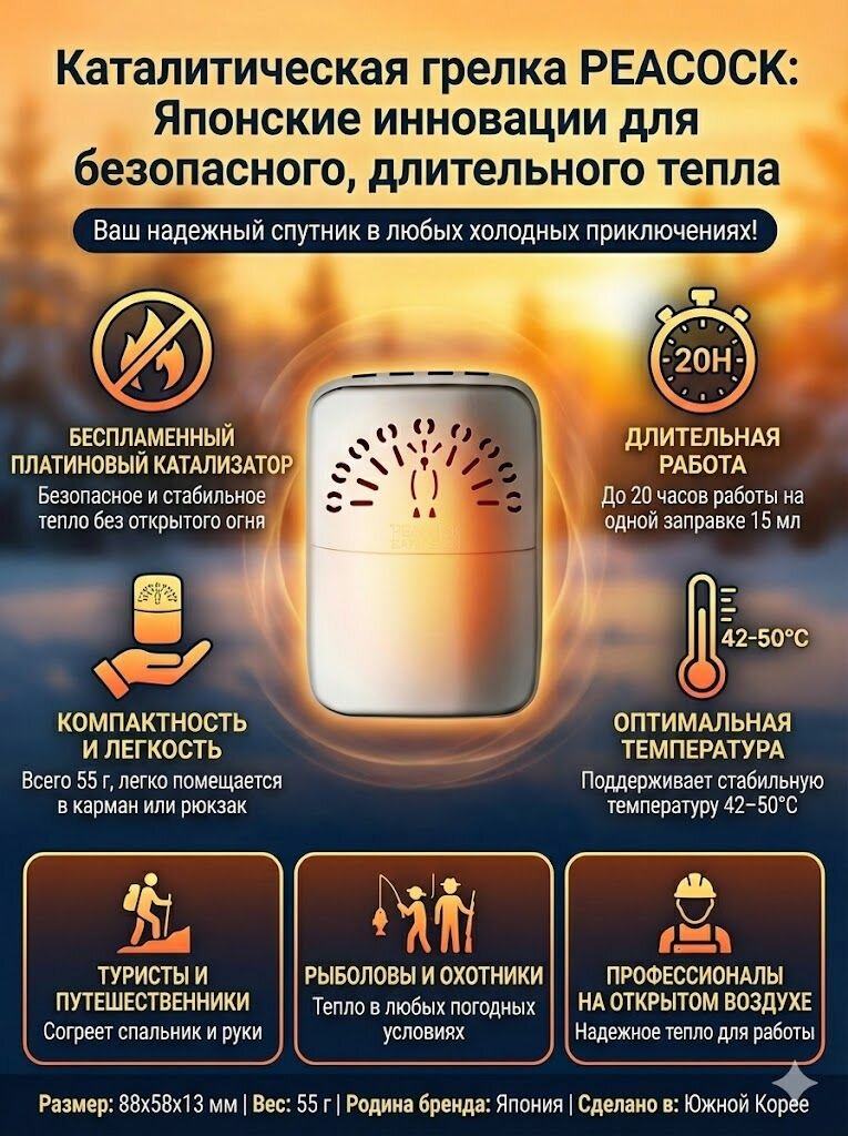 PEACOCK POCKET грелка каталитическая POCKET WARMER 20 HOURS