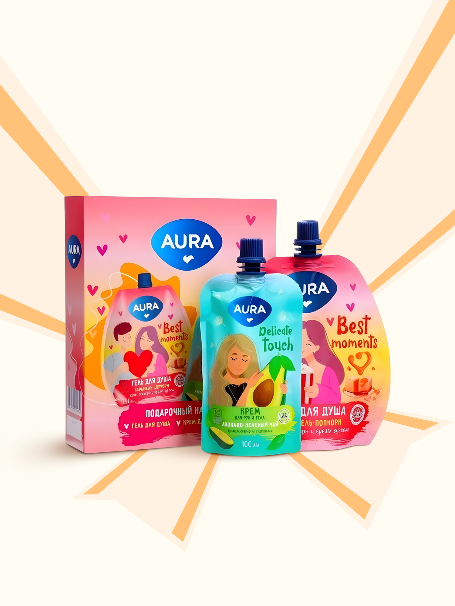 Подарочный набор для ухода AURA, гель для душа 250мл + крем для рук 100мл