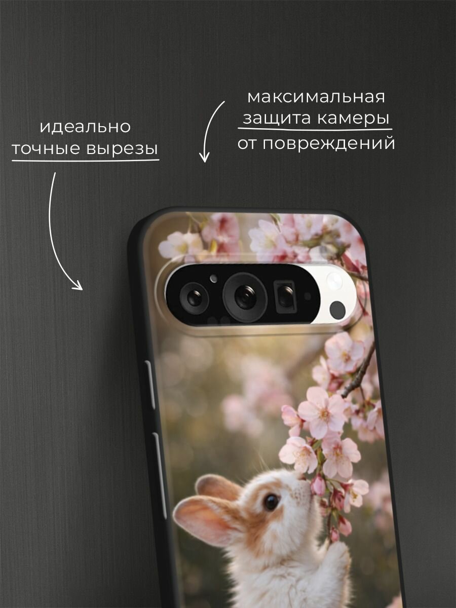 Черный матовый чехол на Google Pixel 9 Pro / Гугл Пиксель 9 Про с принтом Зайчик с сакурой — фото 1