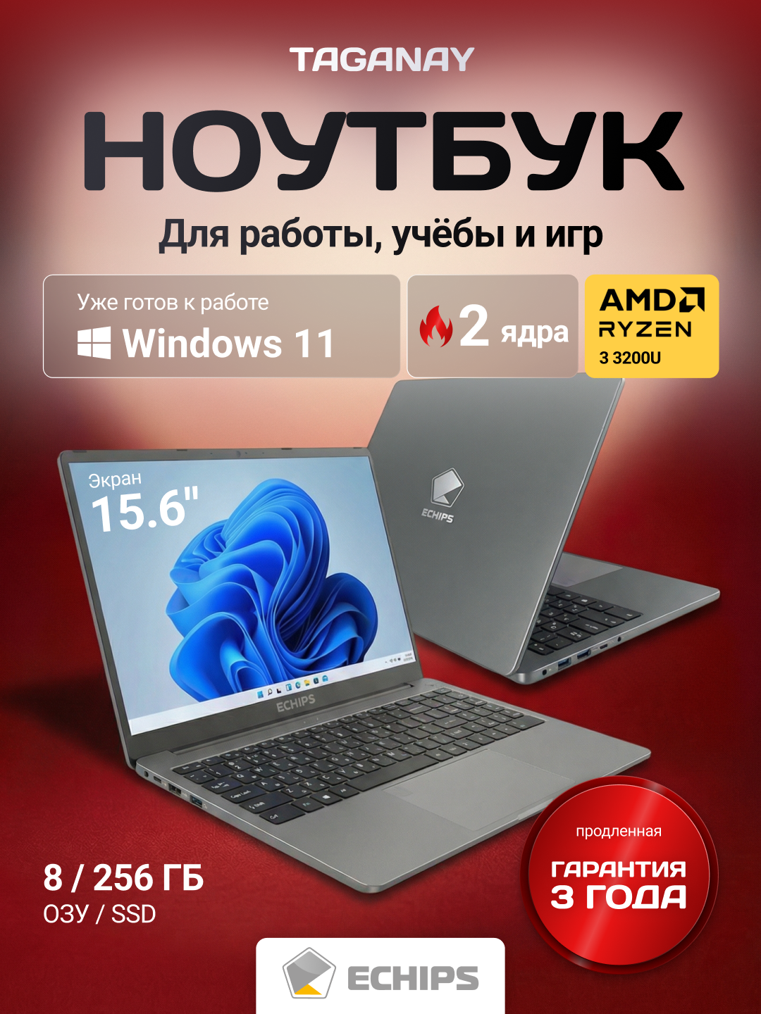 15.6" Ноутбук ECHIPS Taganay серый AMD Ryzen 3 3200U, 2 ядра, ОЗУ 8 SSD 256, IPS 1920Х1080, Radeon RX Vega 3 с ОС Windows 11 Home