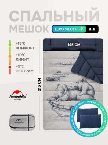 Изображение товара Двухместный Спальный мешок Naturehike c подушками, 215х145 см, NH21MSD06, принт "Полярный Медведь"