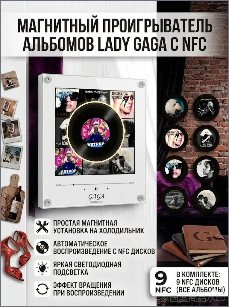 Магнит на холодильник с 9 дисками и индивидуальной песней Ladygaga