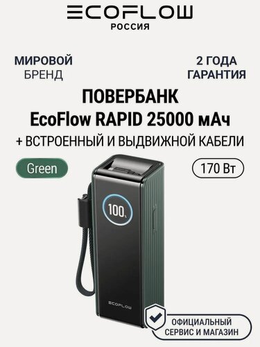 Изображение товара Повербанк EcoFlow RAPID 25k (25 000 мАч, 170 Вт, со встроенным и выдвижным кабелями 100 Вт), зеленый