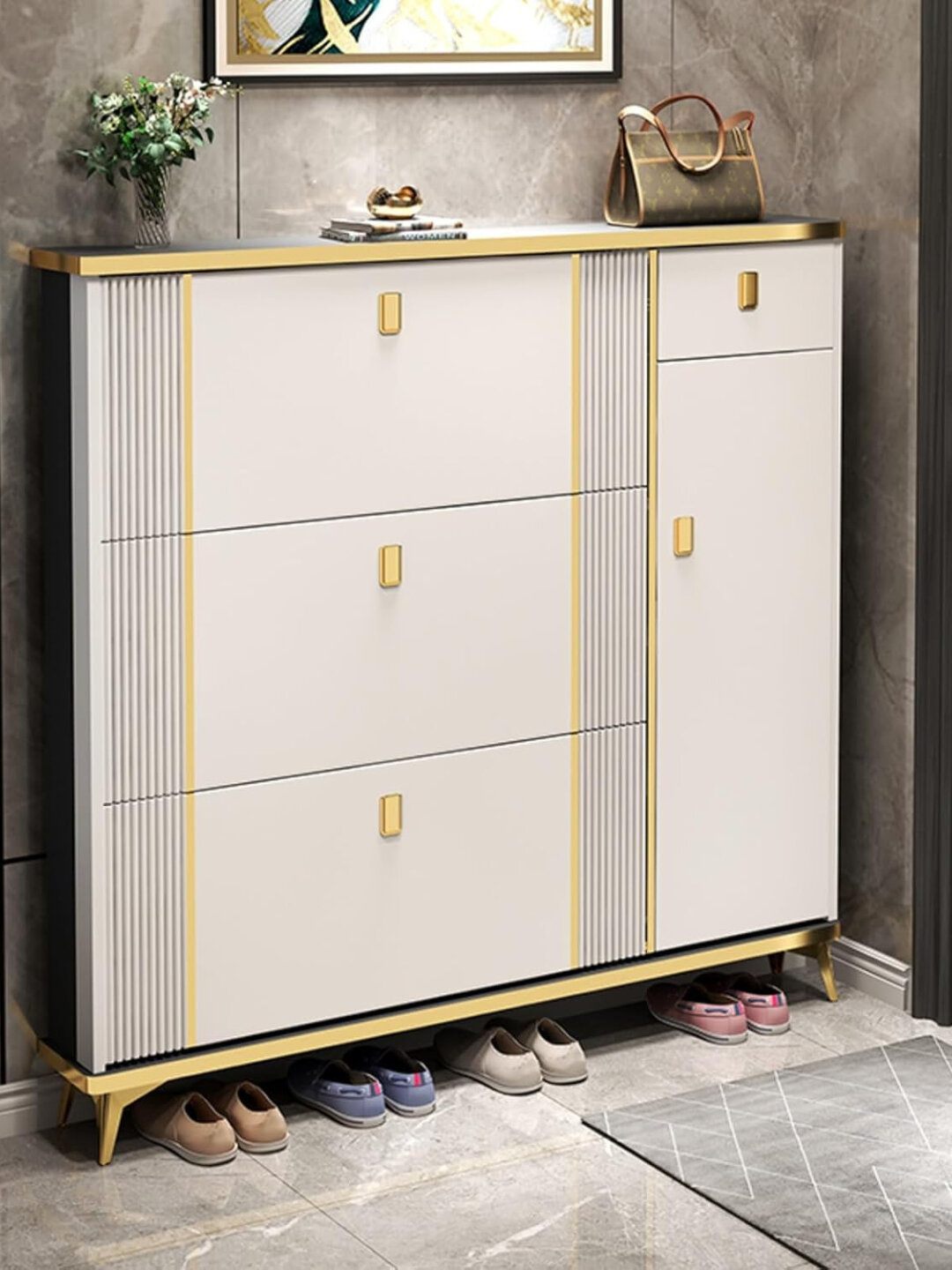 Oбувной шкаф, тумба для обуви на металлических ножках, мебель для прихожей и коридоров - Кремовый