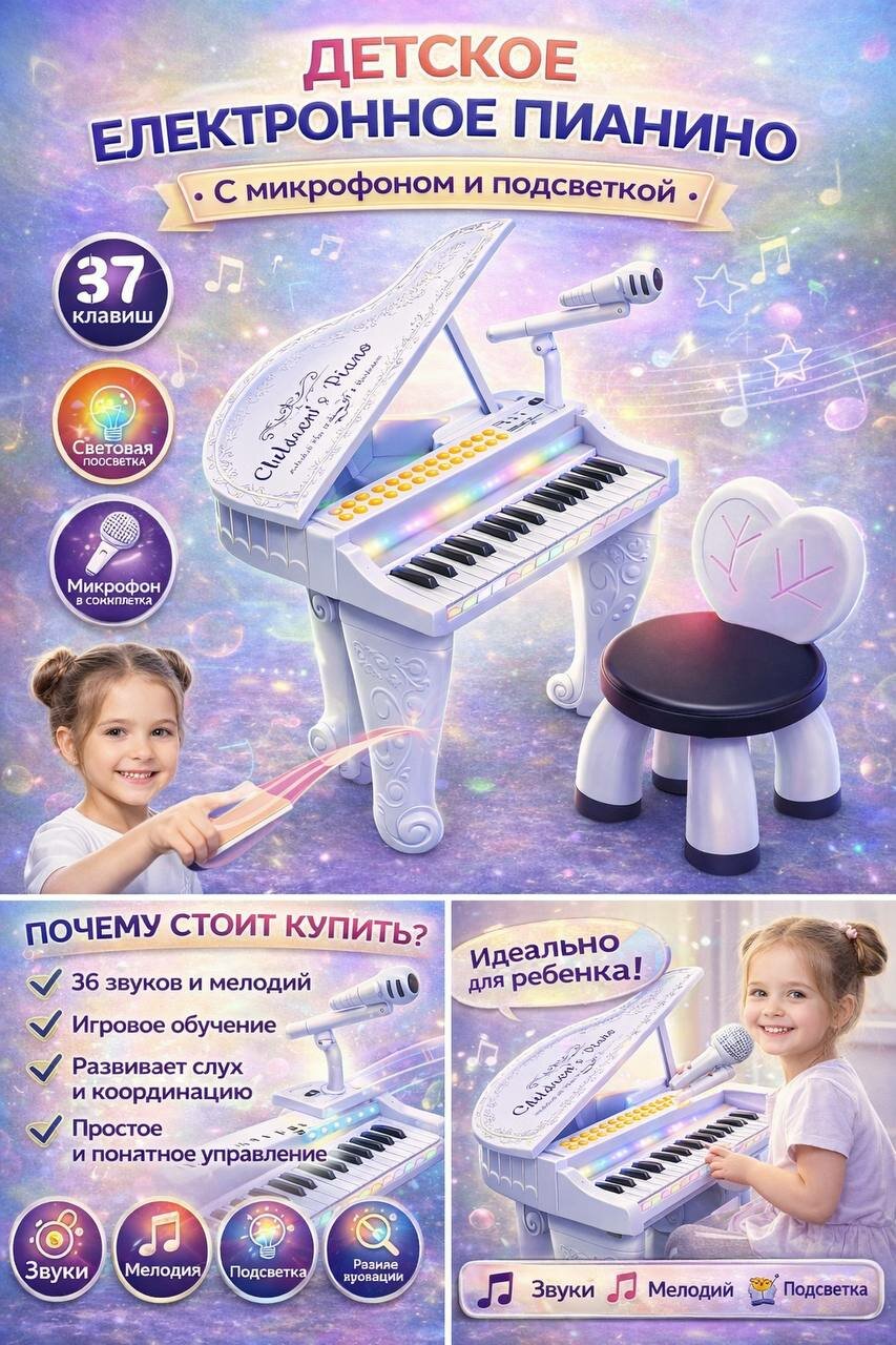 Детское образовательное электронное пианино с микрофоном и подсветкой, 37 клавиш, 36 звуков и мелодий